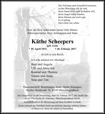 Traueranzeige von Käthe Scheepers von Rheinische Post
