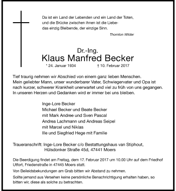 Traueranzeige von Klaus Manfred Becker von Rheinische Post