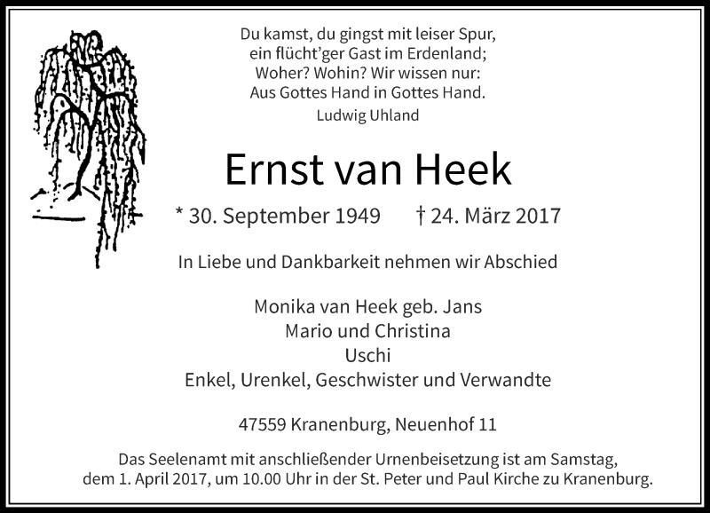  Traueranzeige für Ernst van Heek vom 27.03.2017 aus Rheinische Post