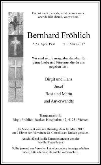 Traueranzeige von Bernhard Fröhlich von Rheinische Post