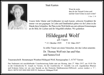 Traueranzeige von Hildegard Wolf von Rheinische Post