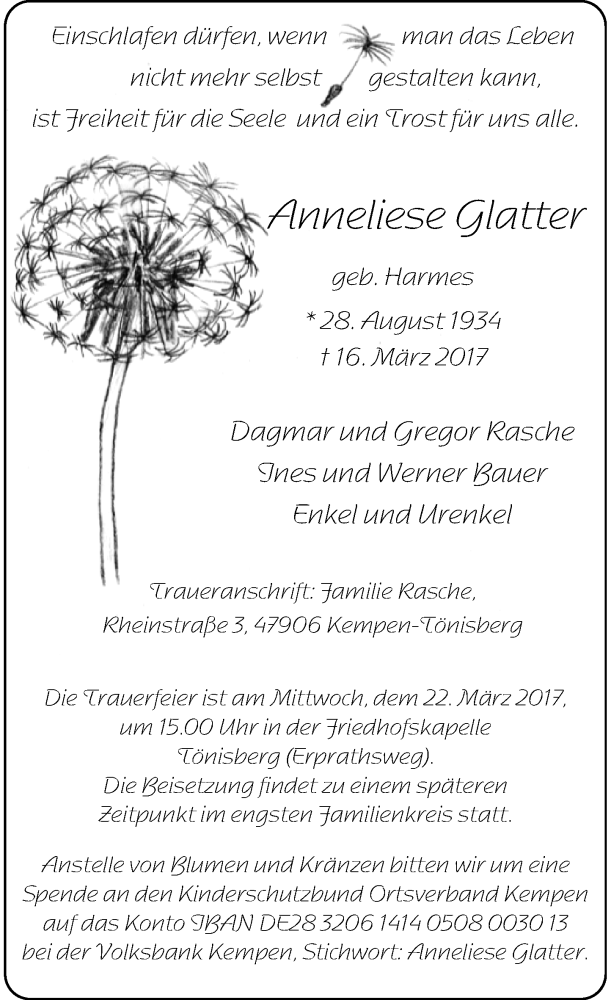  Traueranzeige für Anneliese Glatter vom 21.03.2017 aus Rheinische Post