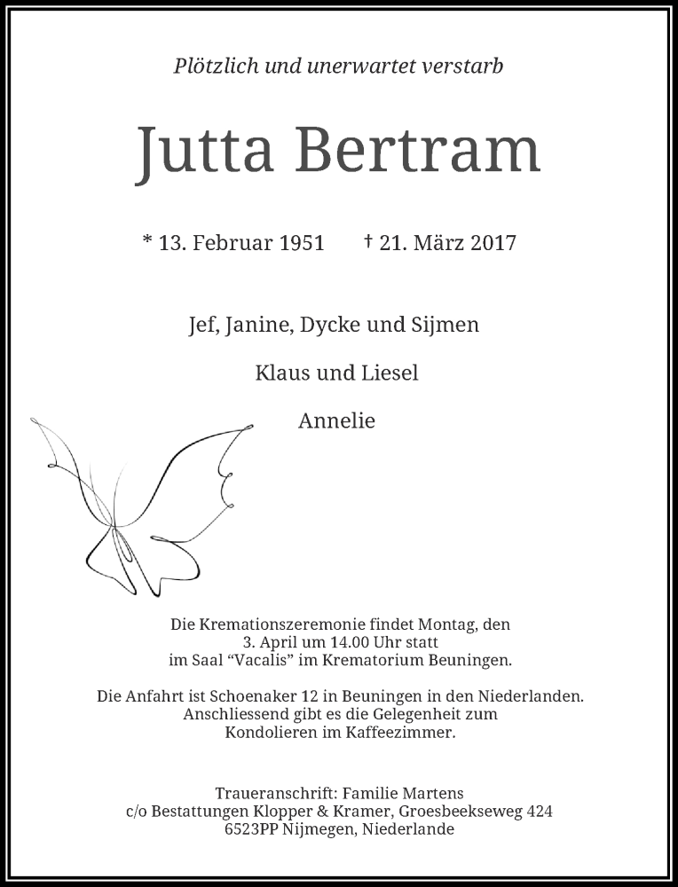  Traueranzeige für Jutta Bertram vom 30.03.2017 aus Rheinische Post