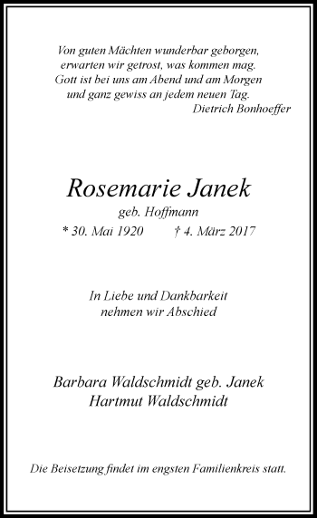 Traueranzeige von Rosemarie Janek von Rheinische Post