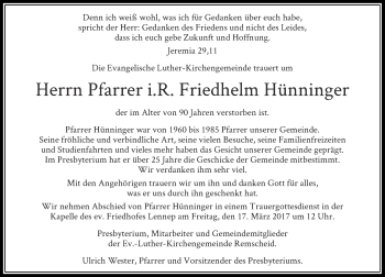 Traueranzeige von Friedhelm Hünninger von Rheinische Post