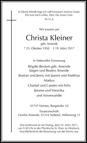 Traueranzeige von Christa Kleiner von Rheinische Post