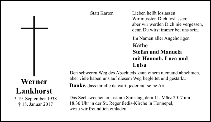  Traueranzeige für Werner Lankhorst vom 04.03.2017 aus Rheinische Post