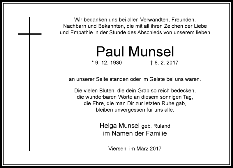  Traueranzeige für Paul Munsel vom 04.03.2017 aus Rheinische Post