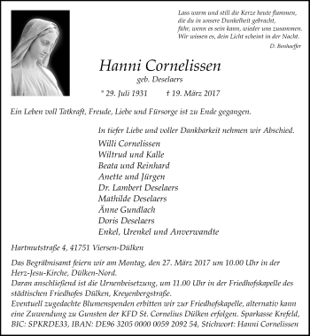 Traueranzeige von Hanni Cornelissen von Rheinische Post