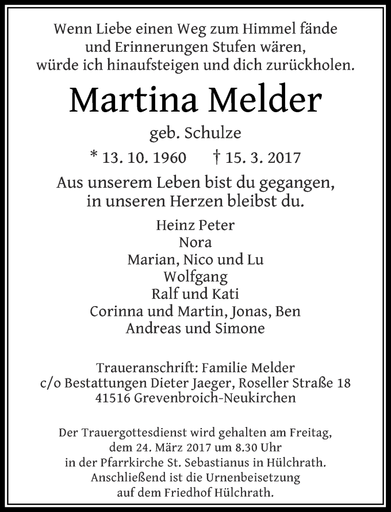  Traueranzeige für Martina Melder vom 21.03.2017 aus Rheinische Post