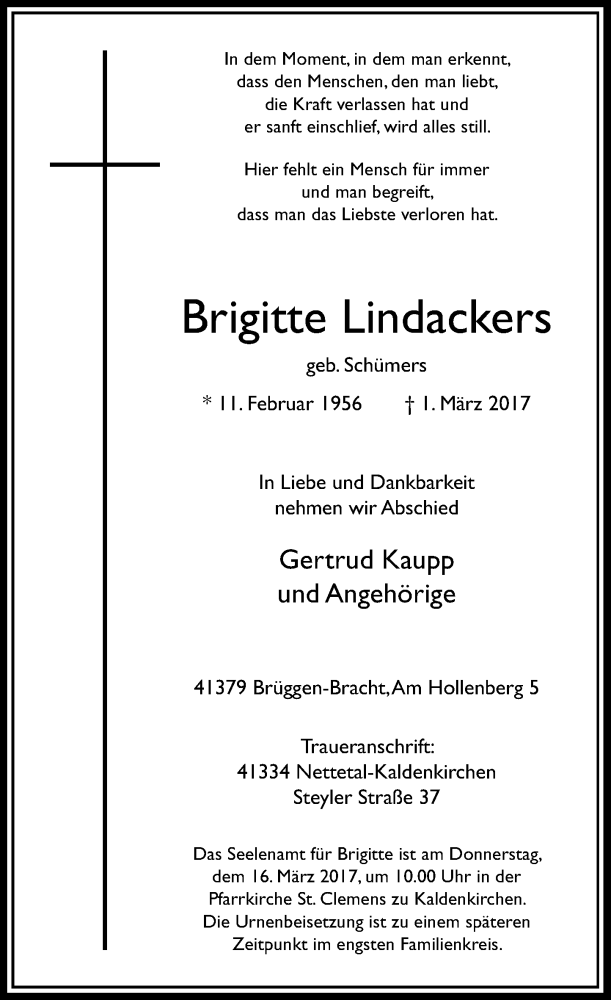  Traueranzeige für Brigitte Lindackers vom 11.03.2017 aus Rheinische Post
