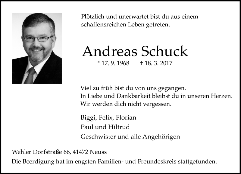  Traueranzeige für Andreas Schuck vom 29.03.2017 aus Rheinische Post
