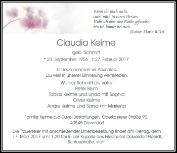 Traueranzeige von Claudia Keime von Rheinische Post