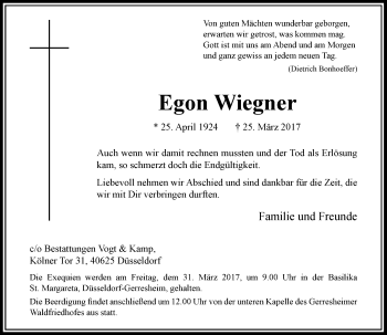 Traueranzeige von Egon Wiegner von Rheinische Post