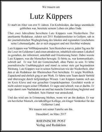 Traueranzeige von Lutz Küppers von Rheinische Post