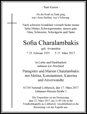 Traueranzeige von Sofia Charalambakis von Rheinische Post