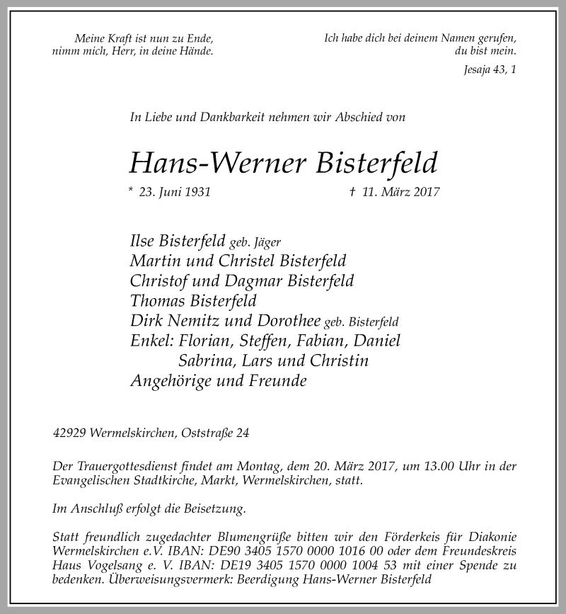  Traueranzeige für Hans-Werner Bisterfeld vom 15.03.2017 aus Rheinische Post