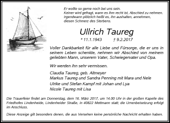 Traueranzeige von Ullrich Taureg von Rheinische Post