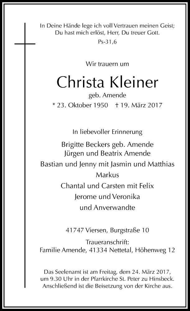  Traueranzeige für Christa Kleiner vom 22.03.2017 aus Rheinische Post