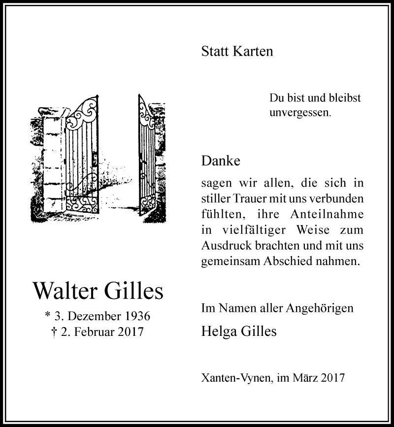  Traueranzeige für Walter Gilles vom 15.03.2017 aus Rheinische Post