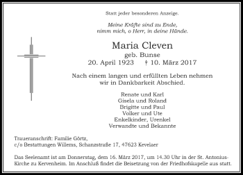 Traueranzeige von Maria Cleven von Rheinische Post