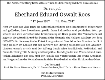 Traueranzeige von Eberhard Eduard Oswalt Roos von Rheinische Post