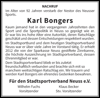 Traueranzeige von Karl Bongers von Rheinische Post