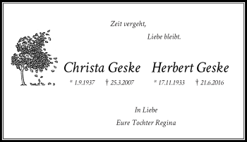 Traueranzeige von Christa und Herbert Geske von Rheinische Post