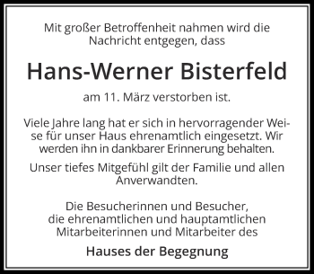 Traueranzeige von Hans-Werner Bisterfeld von Rheinische Post