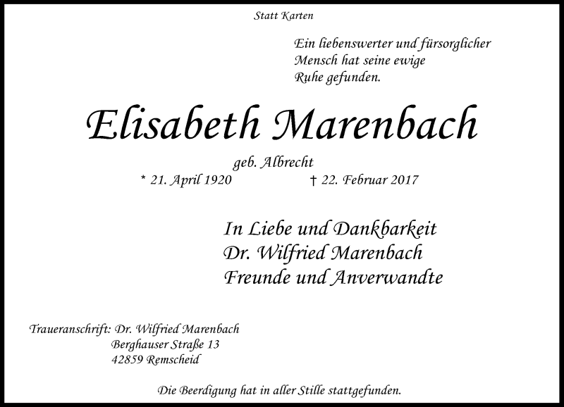  Traueranzeige für Elisabeth Marenbach vom 11.03.2017 aus Rheinische Post