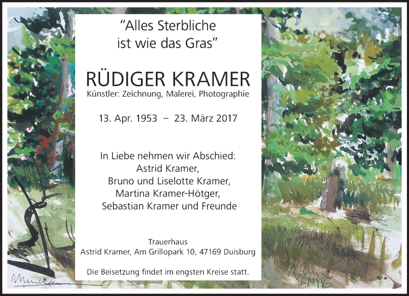  Traueranzeige für Rüdiger Kramer vom 29.03.2017 aus Rheinische Post