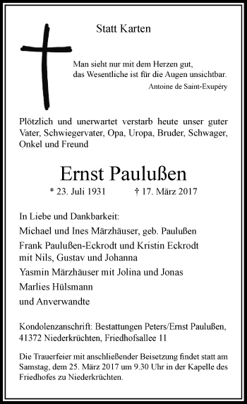 Traueranzeige von Ernst Paulußen von Rheinische Post