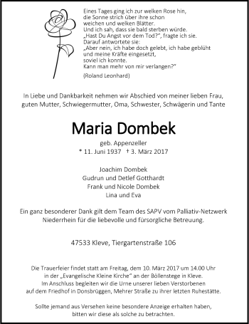 Traueranzeige von Maria Dombek von Rheinische Post