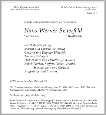 Traueranzeige von Hans-Werner Bisterfeld von Rheinische Post