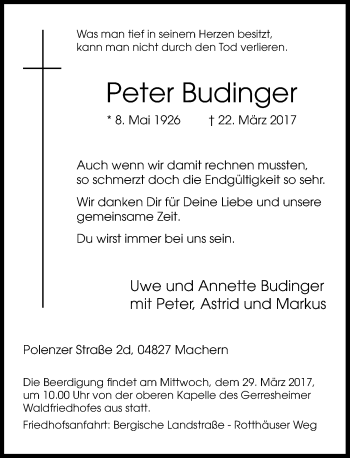 Traueranzeige von Peter Budinger von Rheinische Post