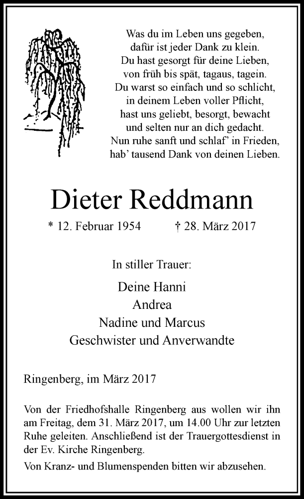  Traueranzeige für Dieter Reddmann vom 29.03.2017 aus Rheinische Post