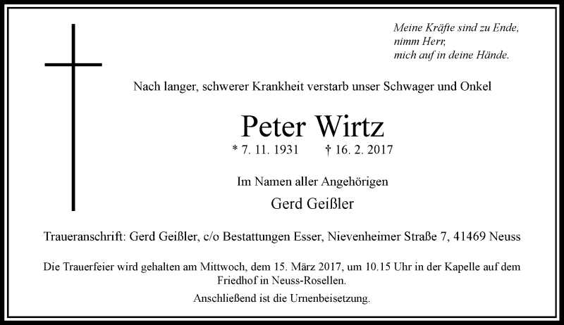  Traueranzeige für Peter Wirtz vom 09.03.2017 aus Rheinische Post