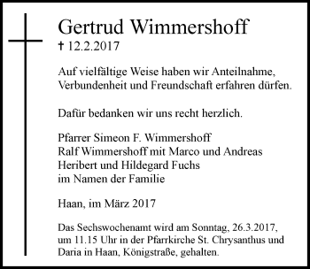 Traueranzeige von Gertrud Wimmershoff von Rheinische Post