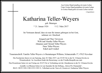 Traueranzeige von Katharina Teller-Weyers von Rheinische Post