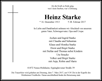 Traueranzeige von Heinz Starke von Rheinische Post