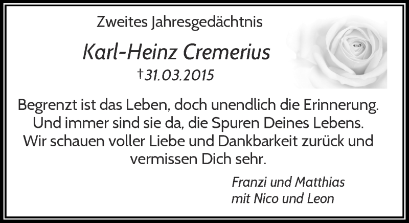  Traueranzeige für Karl-Heinz Cremerius vom 31.03.2017 aus Rheinische Post
