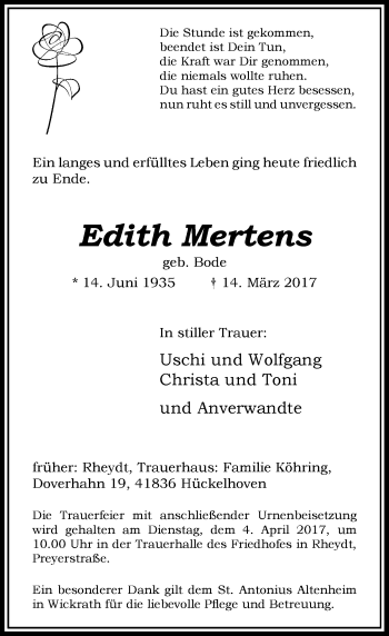 Traueranzeige von Edith Mertens von Rheinische Post