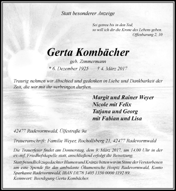 Traueranzeige von Gerta Kombächer von Rheinische Post