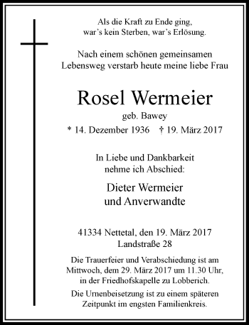 Traueranzeige von Rosel Wermeier von Rheinische Post