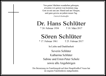 Traueranzeige von Hans und Sören Schlüter von Rheinische Post