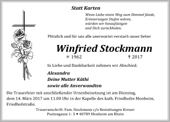 Traueranzeige von Winfried Stockmann von Rheinische Post