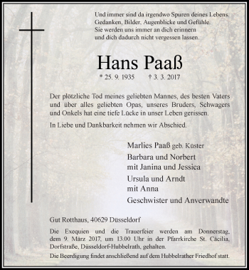 Traueranzeige von Hans Paaß von Rheinische Post