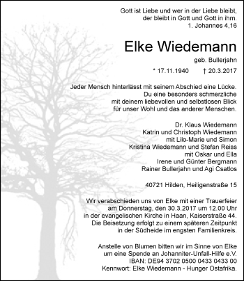 Traueranzeige von Elke Wiedemann von Rheinische Post