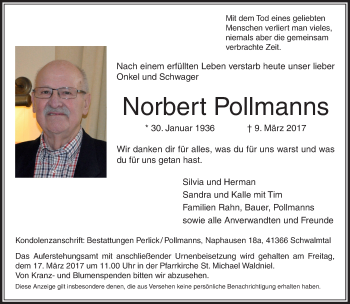 Traueranzeige von Norbert Pollmanns von Rheinische Post