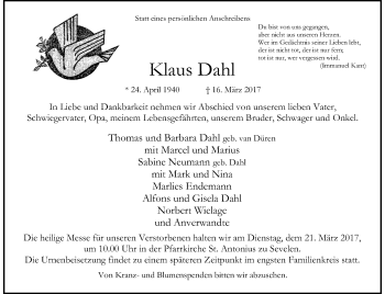 Traueranzeige von Klaus Dahl von Rheinische Post